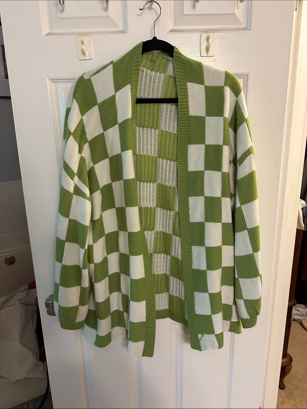 Green and White Checkered Open Cardigan Sweater